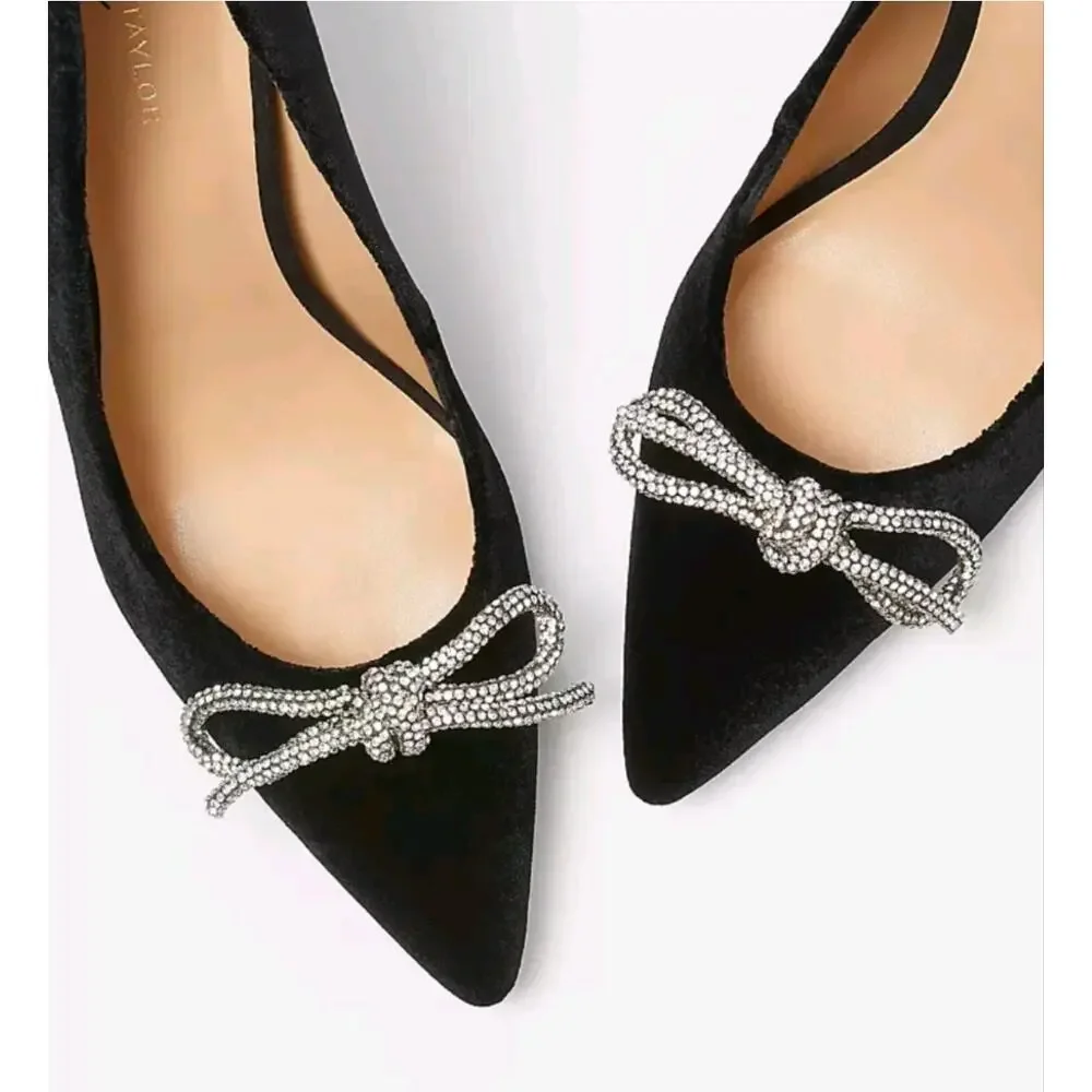 ANN TAYLOR BLACK CRYSTAL BOW VELVET MILA PUMPS HIGH HEELS SHOES 7.5 - Picture 2 of 7